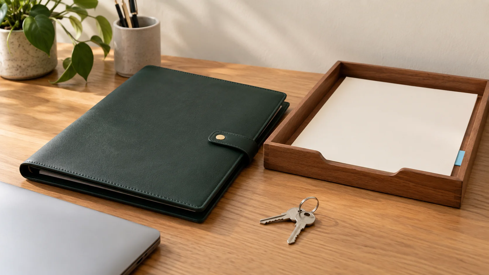 A green folio, blank paper tray, closed laptop and property keys on a sunlit desk.